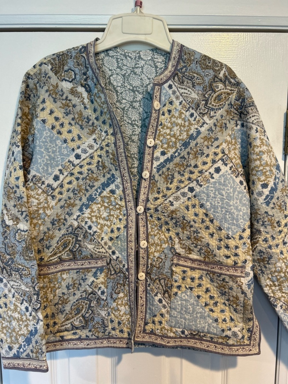 Appleseed's Blue and Tan Paisley Quilted Jacket Reversible
